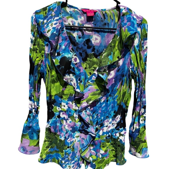 Sunny Leigh Tops - Sunny Leigh M Blue Green Floral Ruffle‎ Blouse Sheer Long Sleeve Statement Top